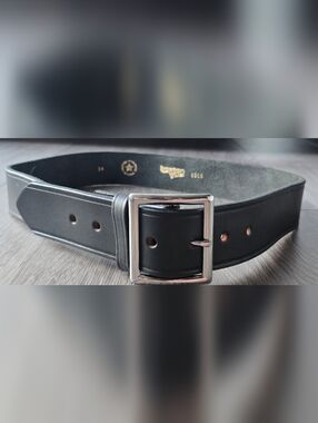 Boston Leather Black Genuine Leather Belt Silver Buckle Size 34 USA